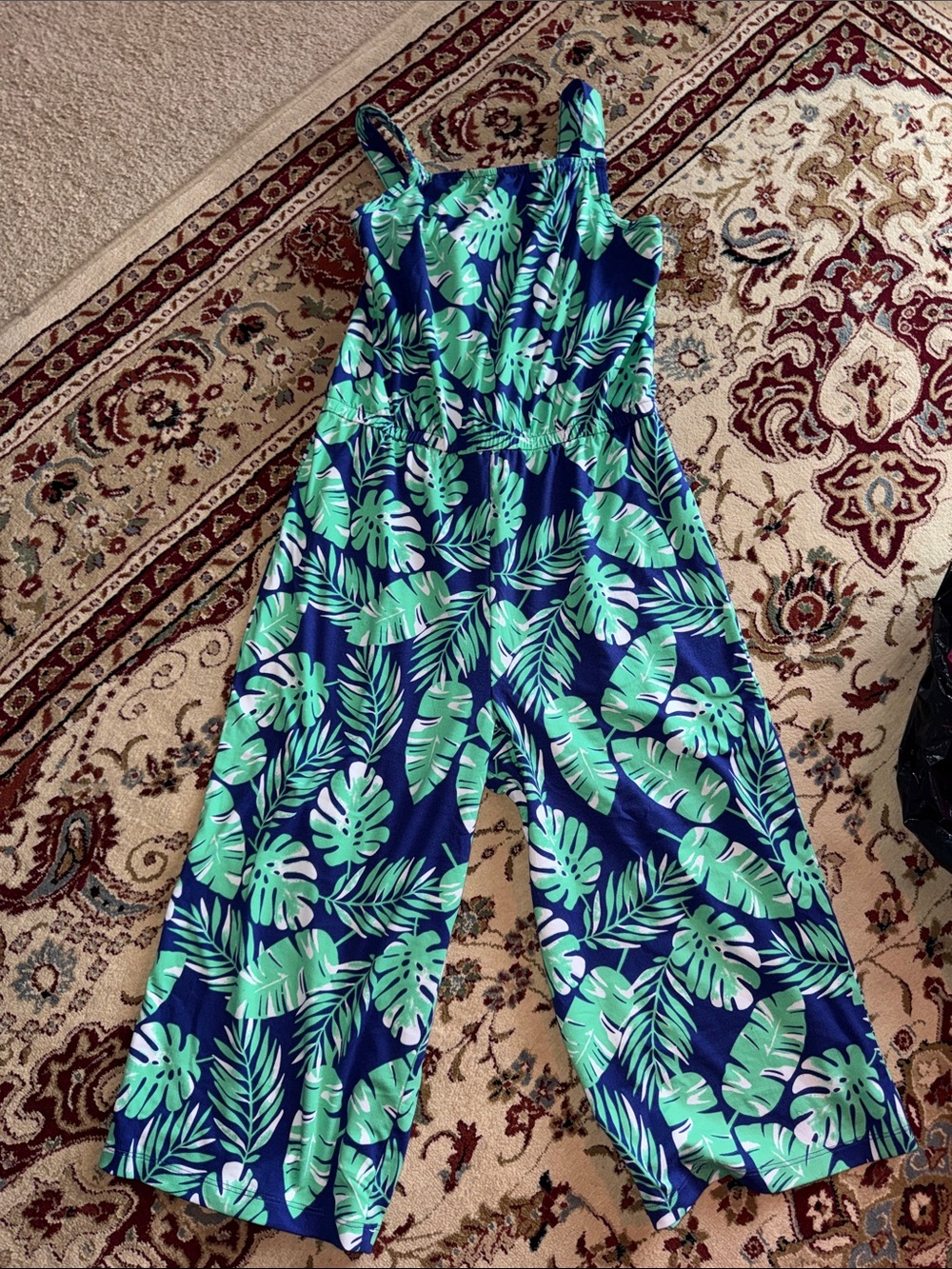Girl's Tropical Leaf Print Wide-Leg Jumpsuit - Blue & Green